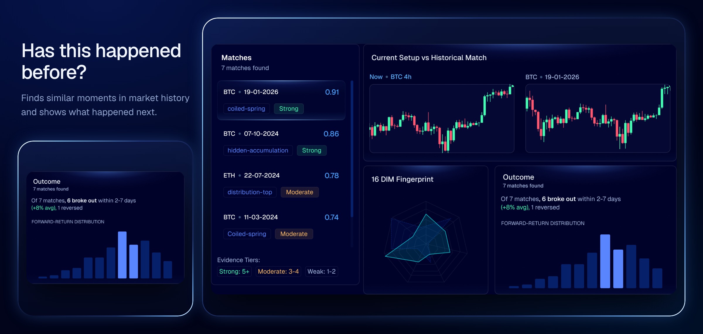 Deja Vu: historical matches, the current setup beside a match, and the outcome distribution