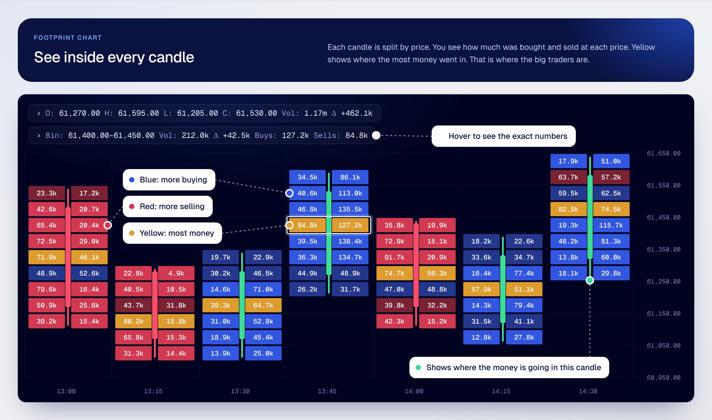 A footprint chart where each candle shows money sold and bought at each price