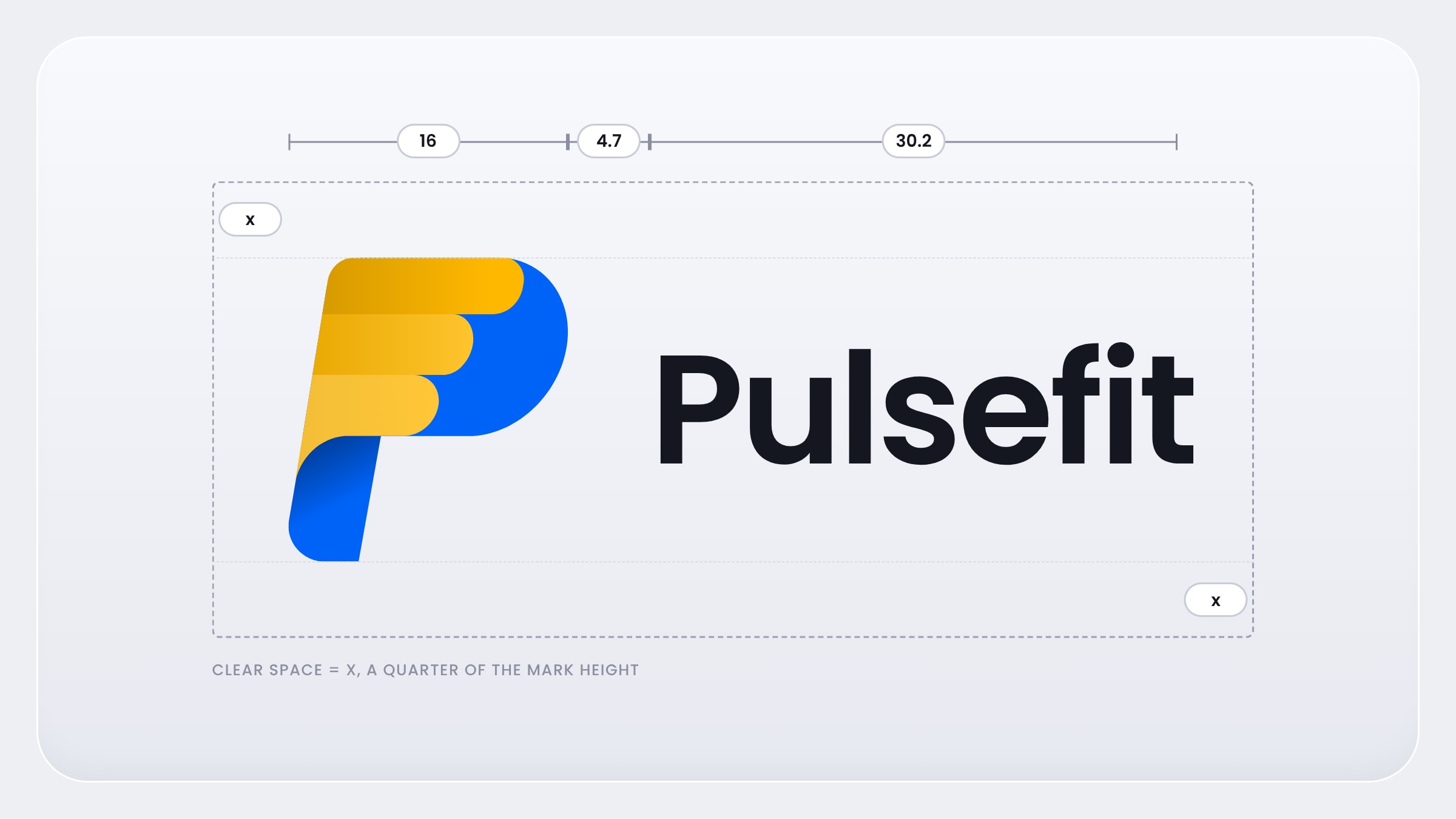 The Pulsefit logo on a construction grid with measurements and clear space