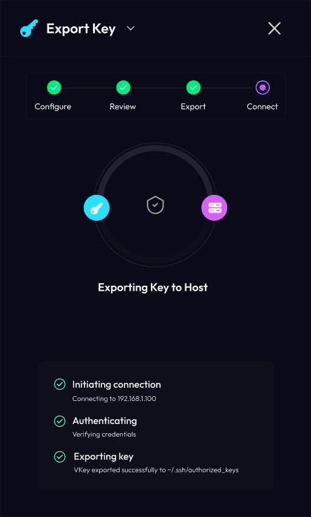 Exporting the key to a host, with each step ticked off