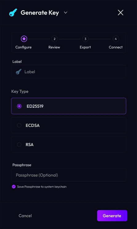 Generate Key with the stepper, label, key type and passphrase
