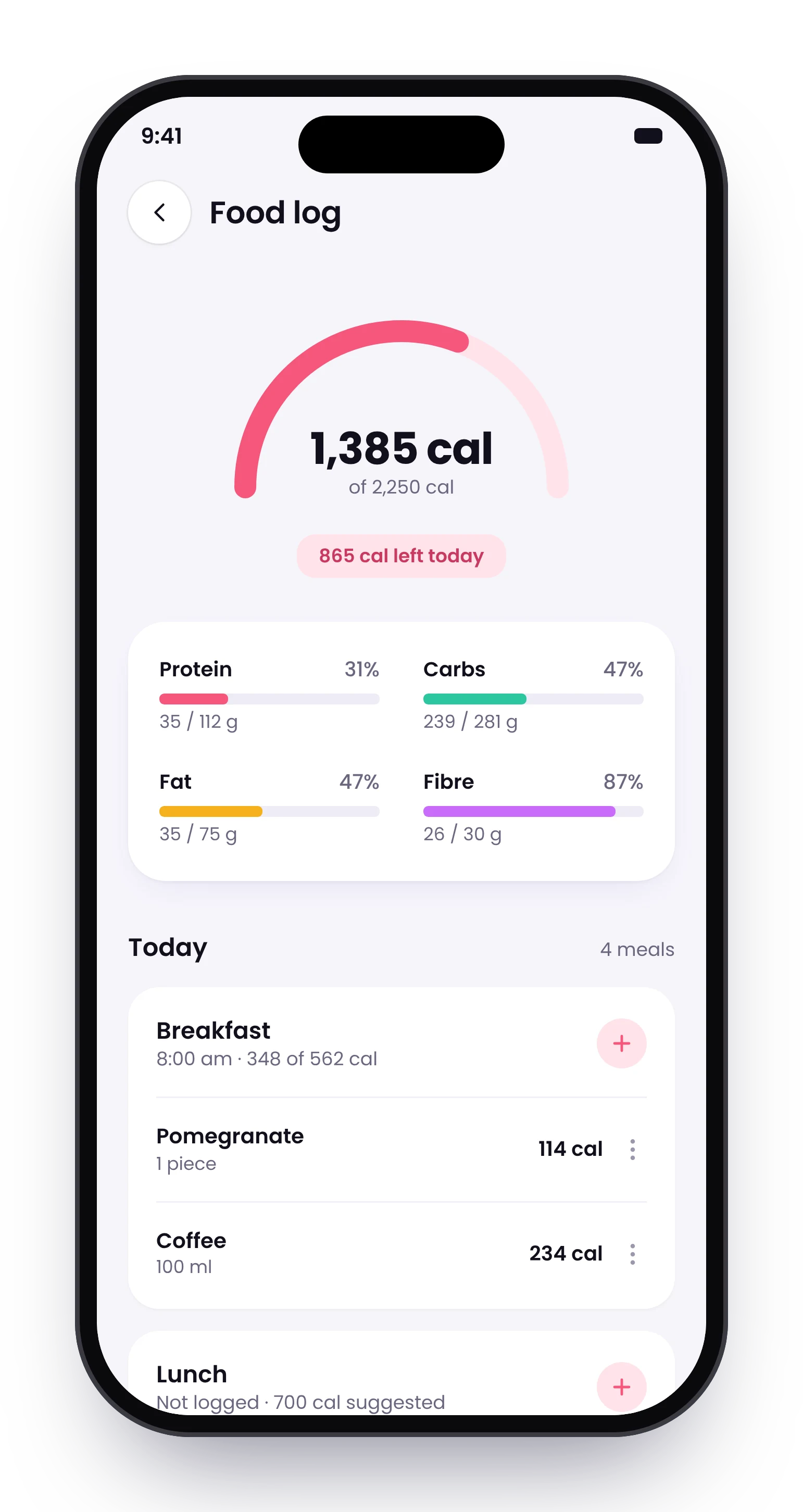 The Food log screen with the calorie gauge, macros and meals