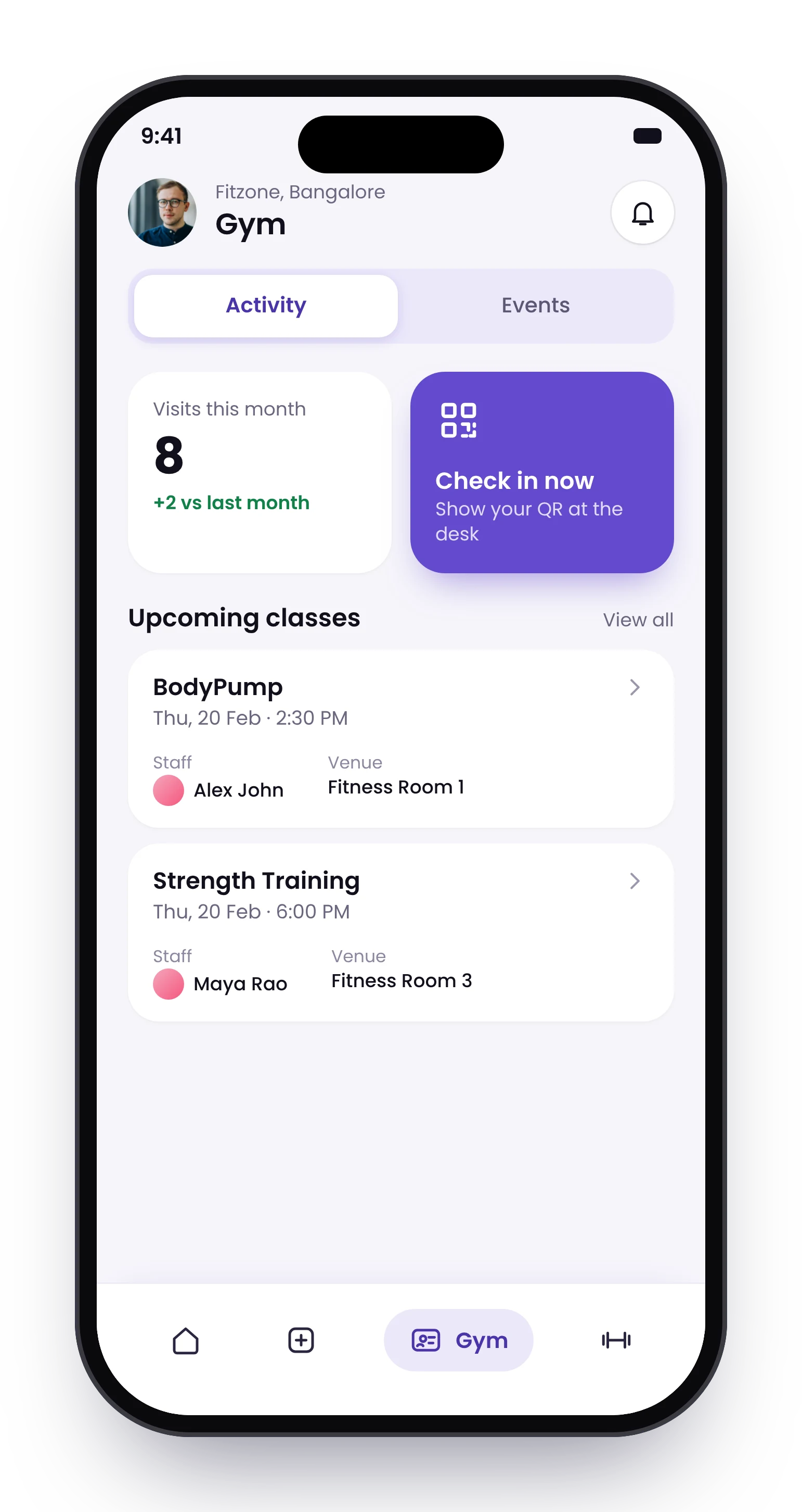 The Gym tab on a phone, with the check-in card and upcoming classes